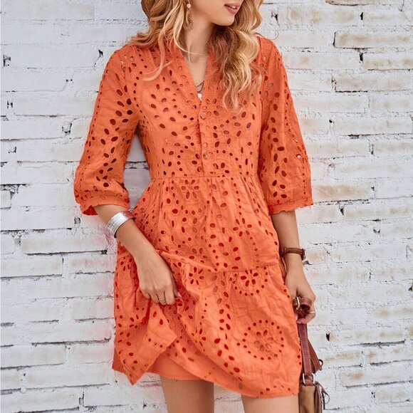 Orange Boho Women's Solid Eyelet Embroidery A-line Dress - Picture 1 of 6